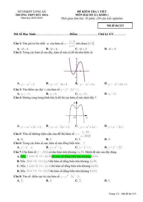 Đề kiểm tra 1 tiết Giải tích 12 chương 1 năm 2018 – 2019 trường THPT Đức Hòa – Long An (bản Word)